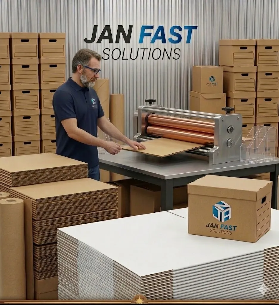 Área de producción de cajas de cartón en la fábrica de JAN FAST en Lima